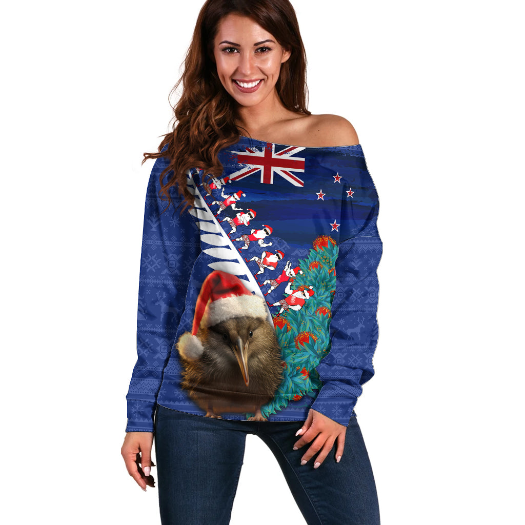 New Zealand Christmas Off Shoulder Sweater Kiwi Bird Santa and Silver Fern Funny Haka Dance LT03 Women Blue - Polynesian Pride