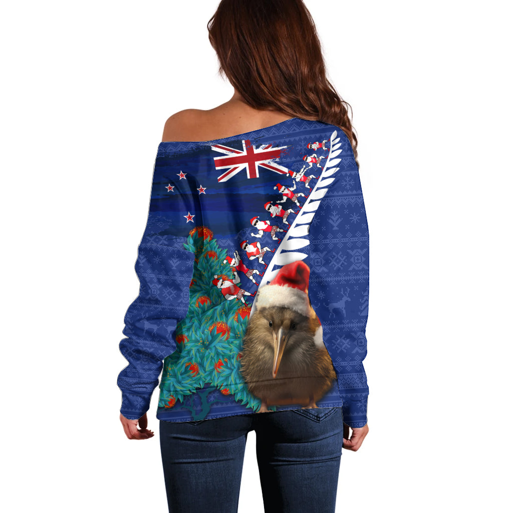 New Zealand Christmas Off Shoulder Sweater Kiwi Bird Santa and Silver Fern Funny Haka Dance LT03 - Polynesian Pride