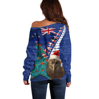 New Zealand Christmas Off Shoulder Sweater Kiwi Bird Santa and Silver Fern Funny Haka Dance LT03 - Polynesian Pride
