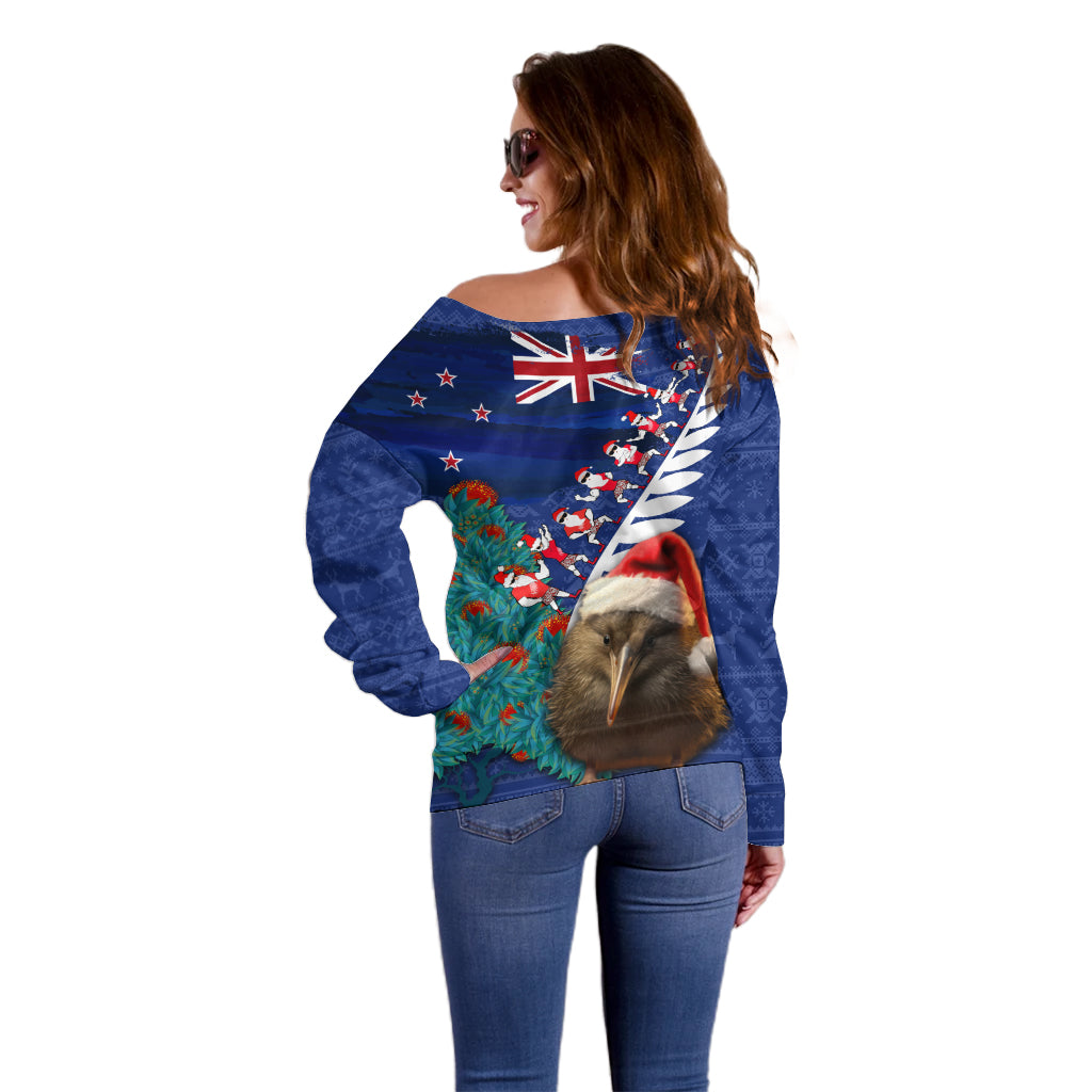 New Zealand Christmas Off Shoulder Sweater Kiwi Bird Santa and Silver Fern Funny Haka Dance LT03 - Polynesian Pride