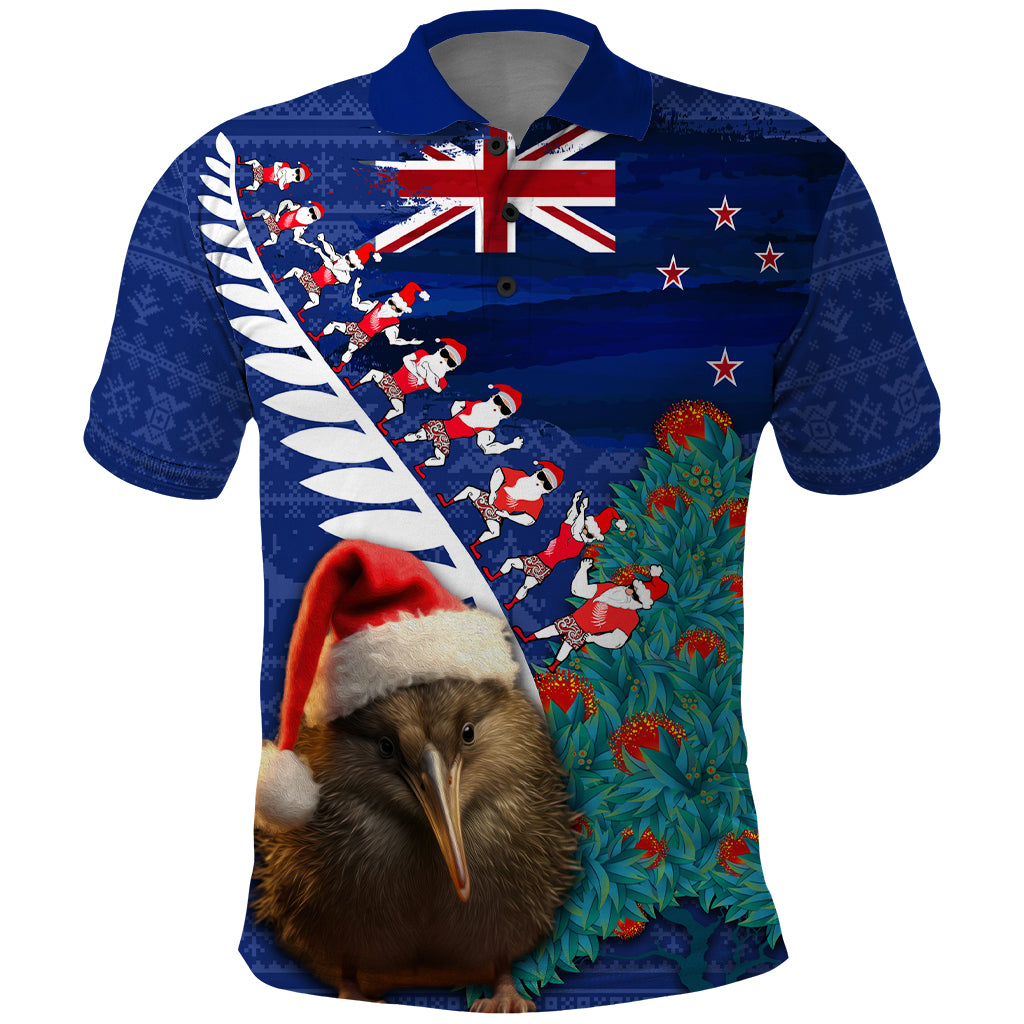 New Zealand Christmas Polo Shirt Kiwi Bird Santa and Silver Fern Funny Haka Dance LT03 Blue - Polynesian Pride