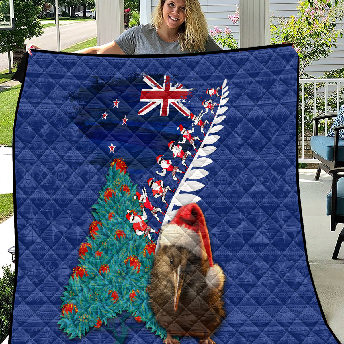 New Zealand Christmas Quilt Kiwi Bird Santa and Silver Fern Funny Haka Dance LT03 Blue - Polynesian Pride