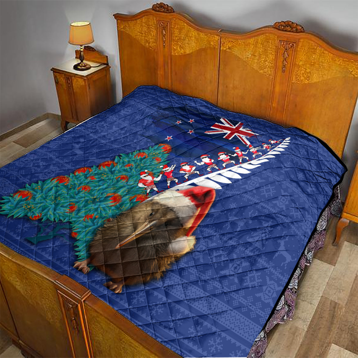 New Zealand Christmas Quilt Kiwi Bird Santa and Silver Fern Funny Haka Dance LT03 - Polynesian Pride