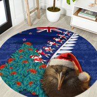 New Zealand Christmas Round Carpet Kiwi Bird Santa and Silver Fern Funny Haka Dance LT03 Blue - Polynesian Pride