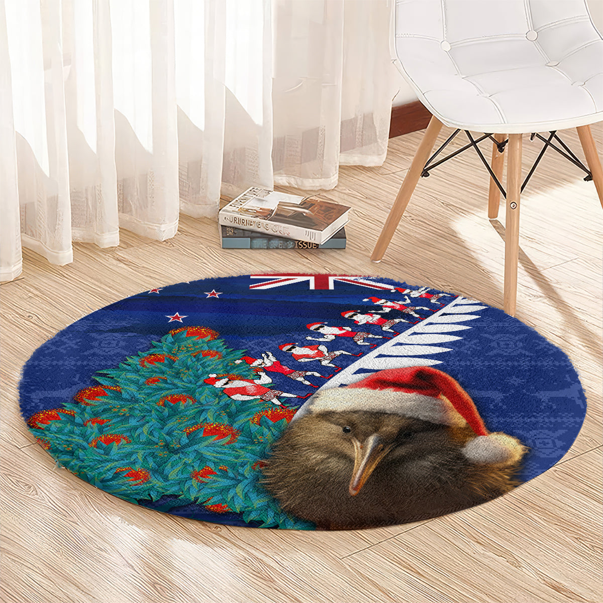 New Zealand Christmas Round Carpet Kiwi Bird Santa and Silver Fern Funny Haka Dance LT03 - Polynesian Pride