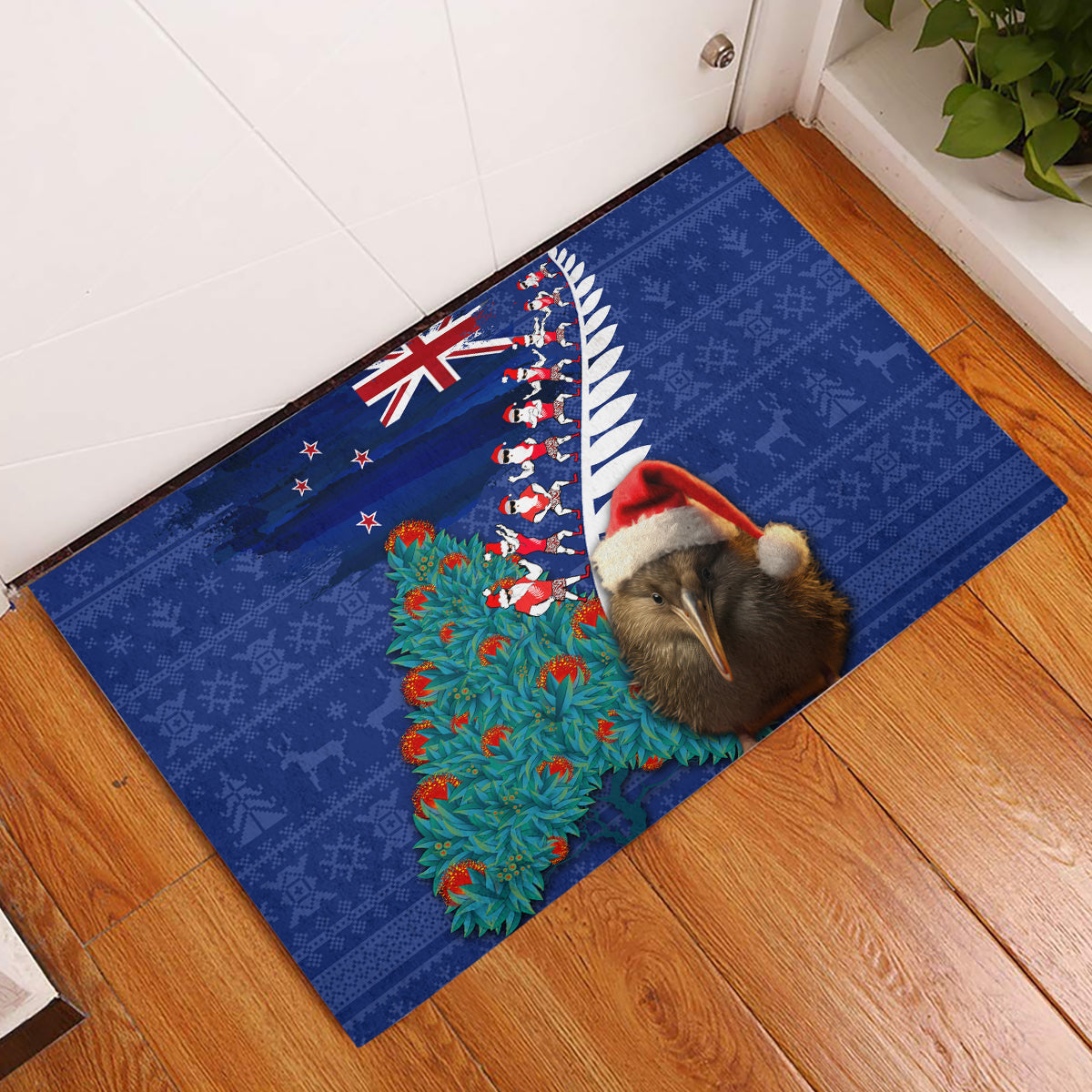 New Zealand Christmas Rubber Doormat Kiwi Bird Santa and Silver Fern Funny Haka Dance LT03 Blue - Polynesian Pride