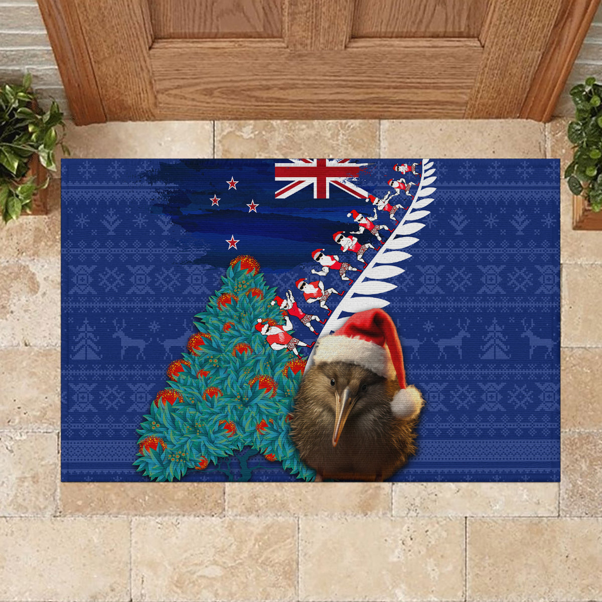 New Zealand Christmas Rubber Doormat Kiwi Bird Santa and Silver Fern Funny Haka Dance LT03 - Polynesian Pride