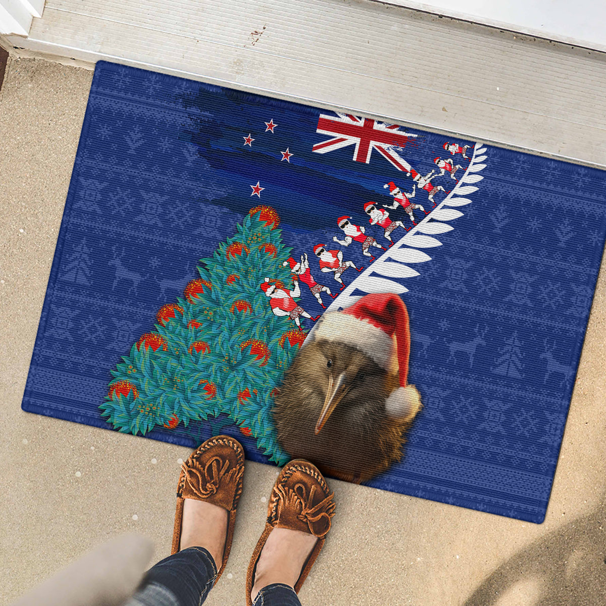New Zealand Christmas Rubber Doormat Kiwi Bird Santa and Silver Fern Funny Haka Dance LT03 - Polynesian Pride