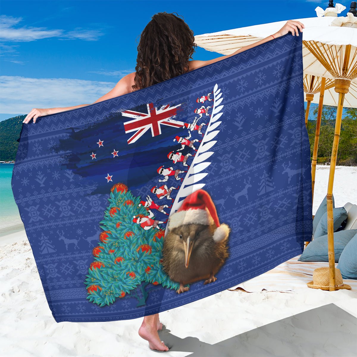 New Zealand Christmas Sarong Kiwi Bird Santa and Silver Fern Funny Haka Dance LT03 One Size 44 x 66 inches Blue - Polynesian Pride
