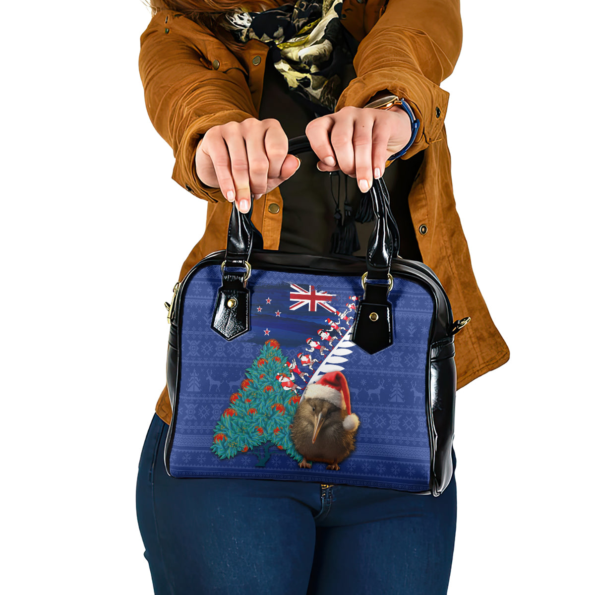 New Zealand Christmas Shoulder Handbag Kiwi Bird Santa and Silver Fern Funny Haka Dance LT03 One Size Blue - Polynesian Pride