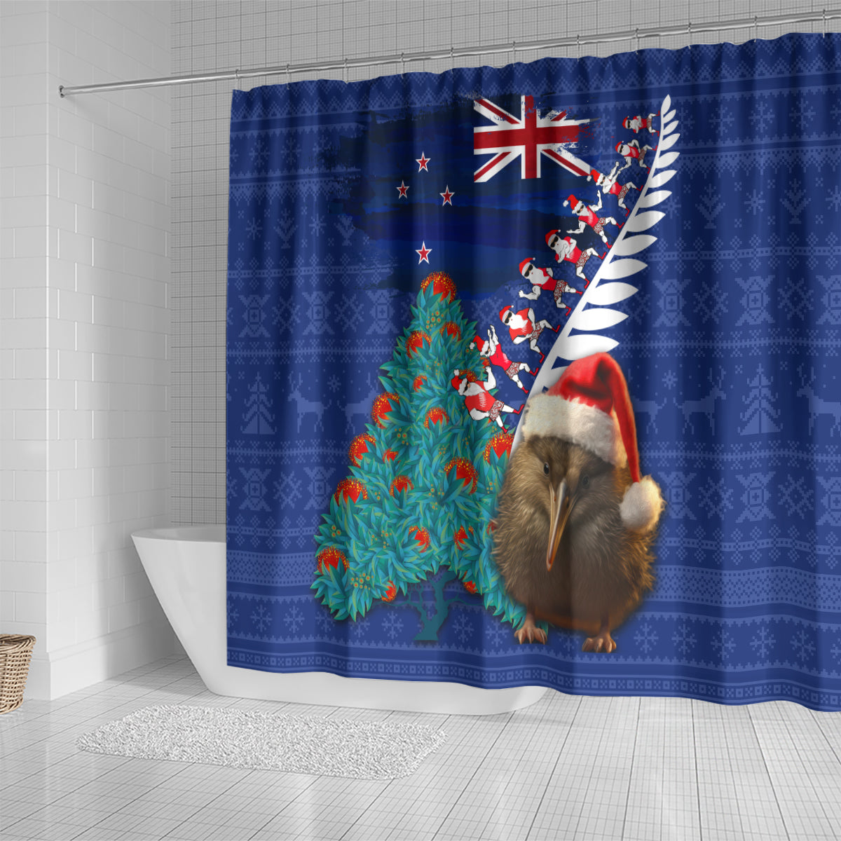 New Zealand Christmas Shower Curtain Kiwi Bird Santa and Silver Fern Funny Haka Dance LT03 - Polynesian Pride