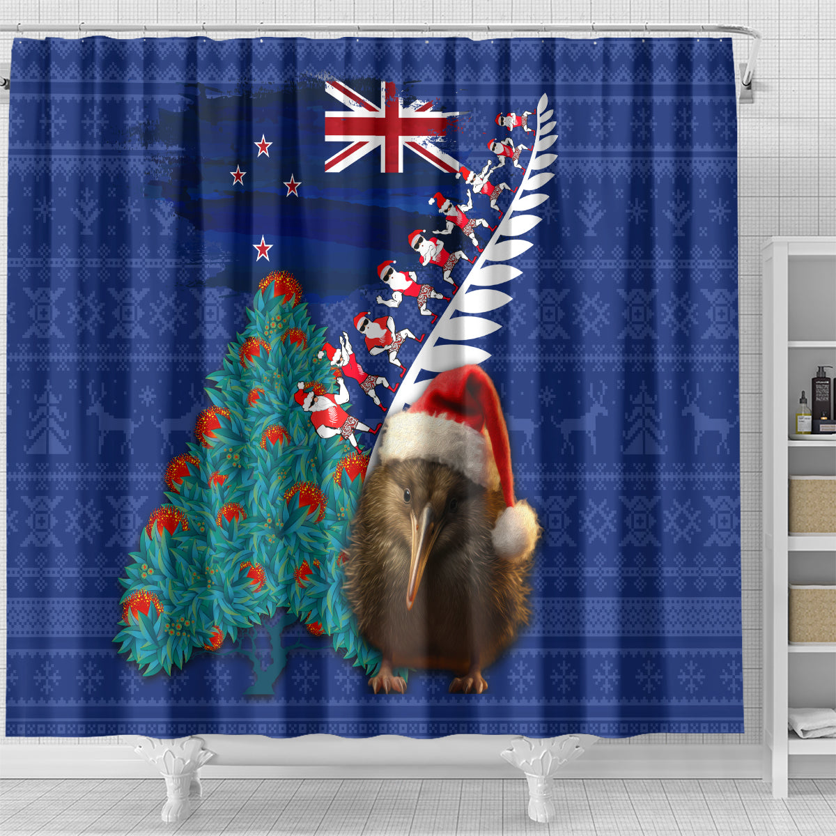 New Zealand Christmas Shower Curtain Kiwi Bird Santa and Silver Fern Funny Haka Dance LT03 - Polynesian Pride