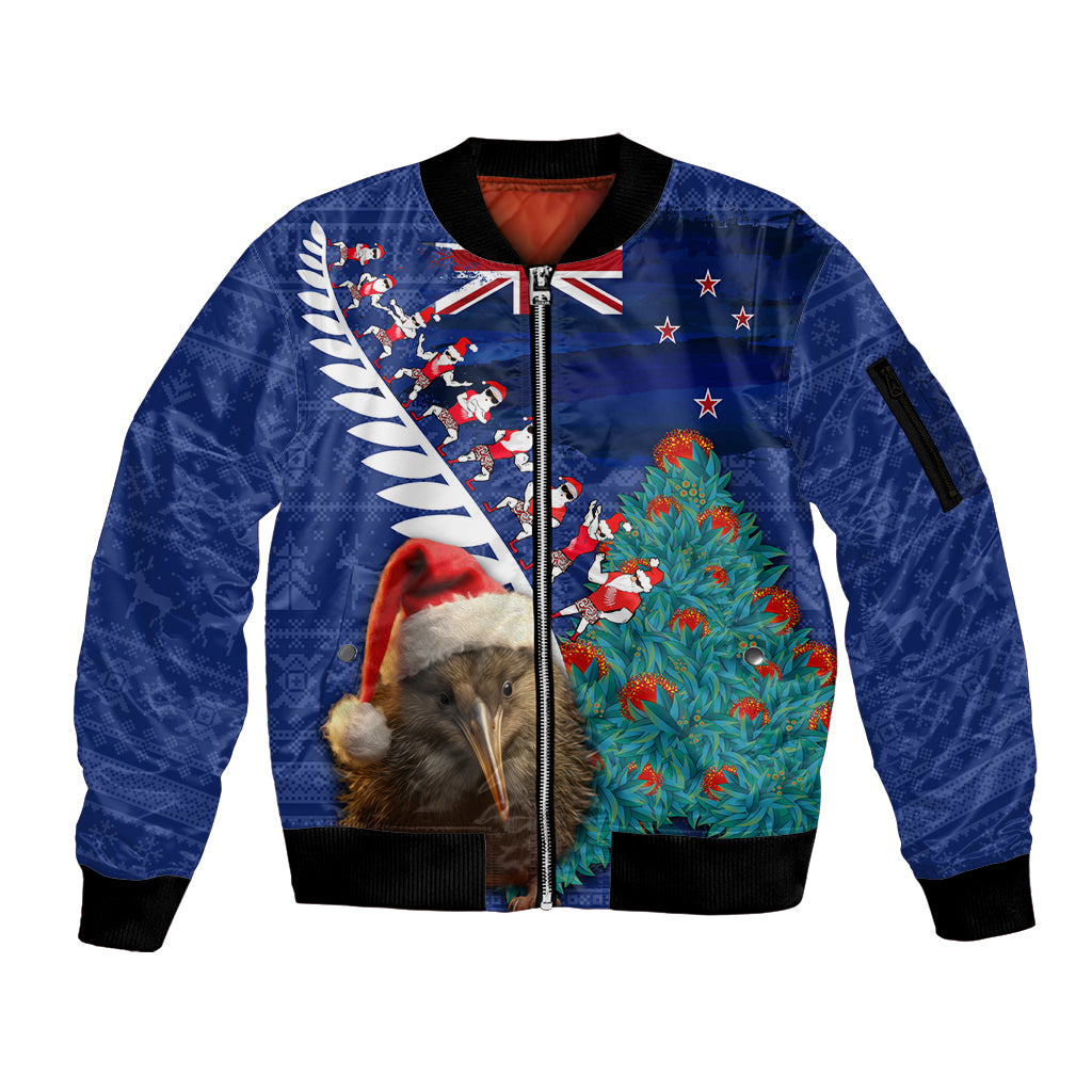 New Zealand Christmas Sleeve Zip Bomber Jacket Kiwi Bird Santa and Silver Fern Funny Haka Dance LT03 Unisex Blue - Polynesian Pride