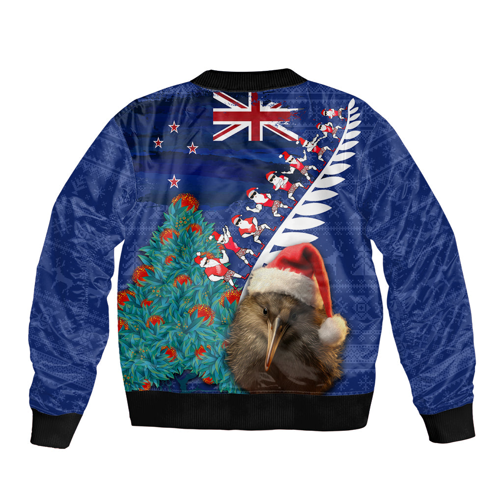 New Zealand Christmas Sleeve Zip Bomber Jacket Kiwi Bird Santa and Silver Fern Funny Haka Dance LT03 - Polynesian Pride