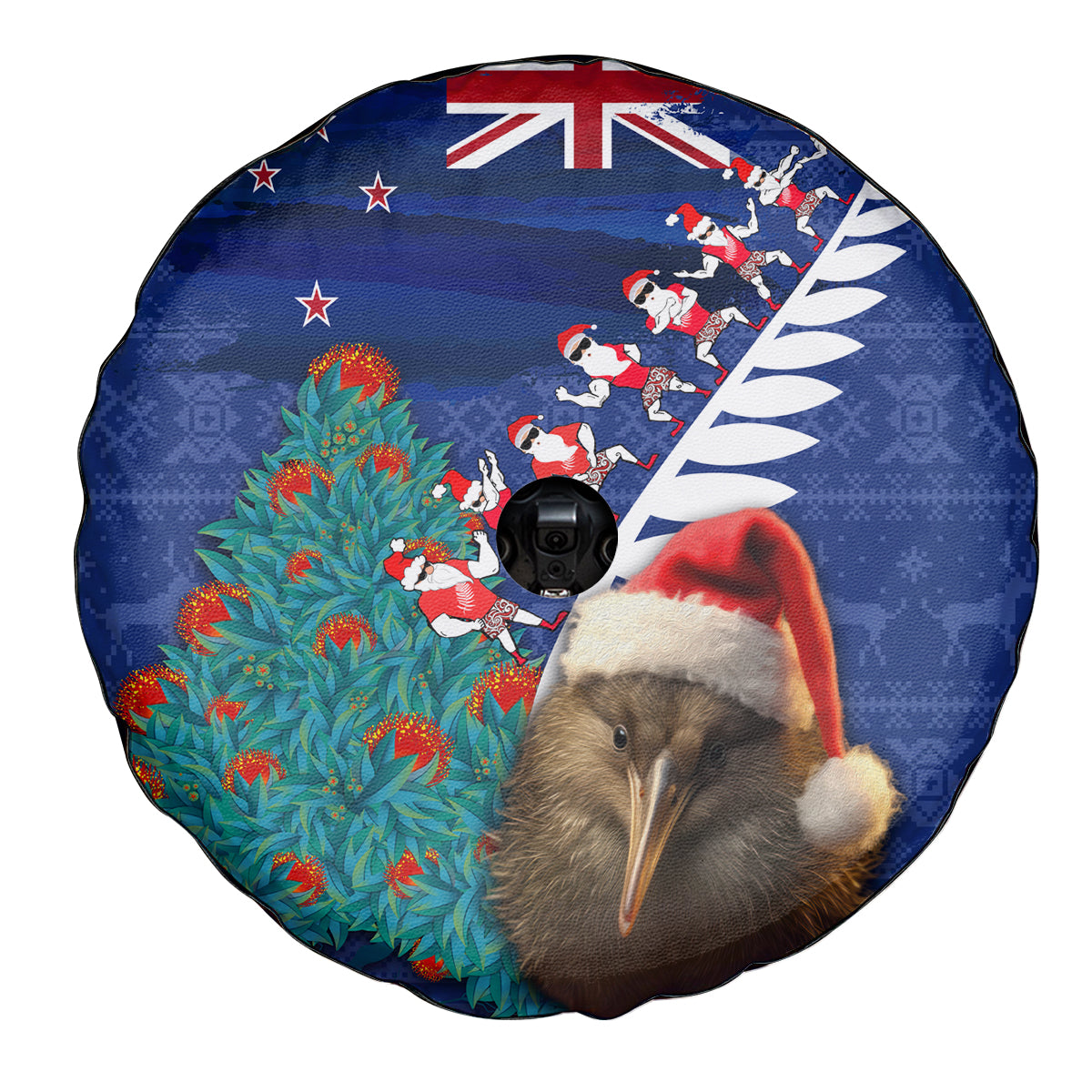 New Zealand Christmas Spare Tire Cover Kiwi Bird Santa and Silver Fern Funny Haka Dance LT03 - Polynesian Pride