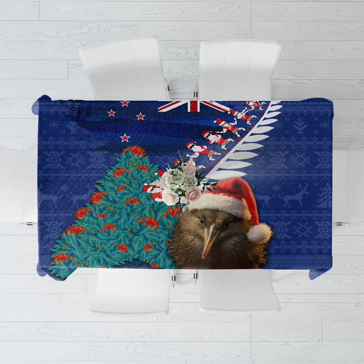 New Zealand Christmas Tablecloth Kiwi Bird Santa and Silver Fern Funny Haka Dance LT03 Blue - Polynesian Pride