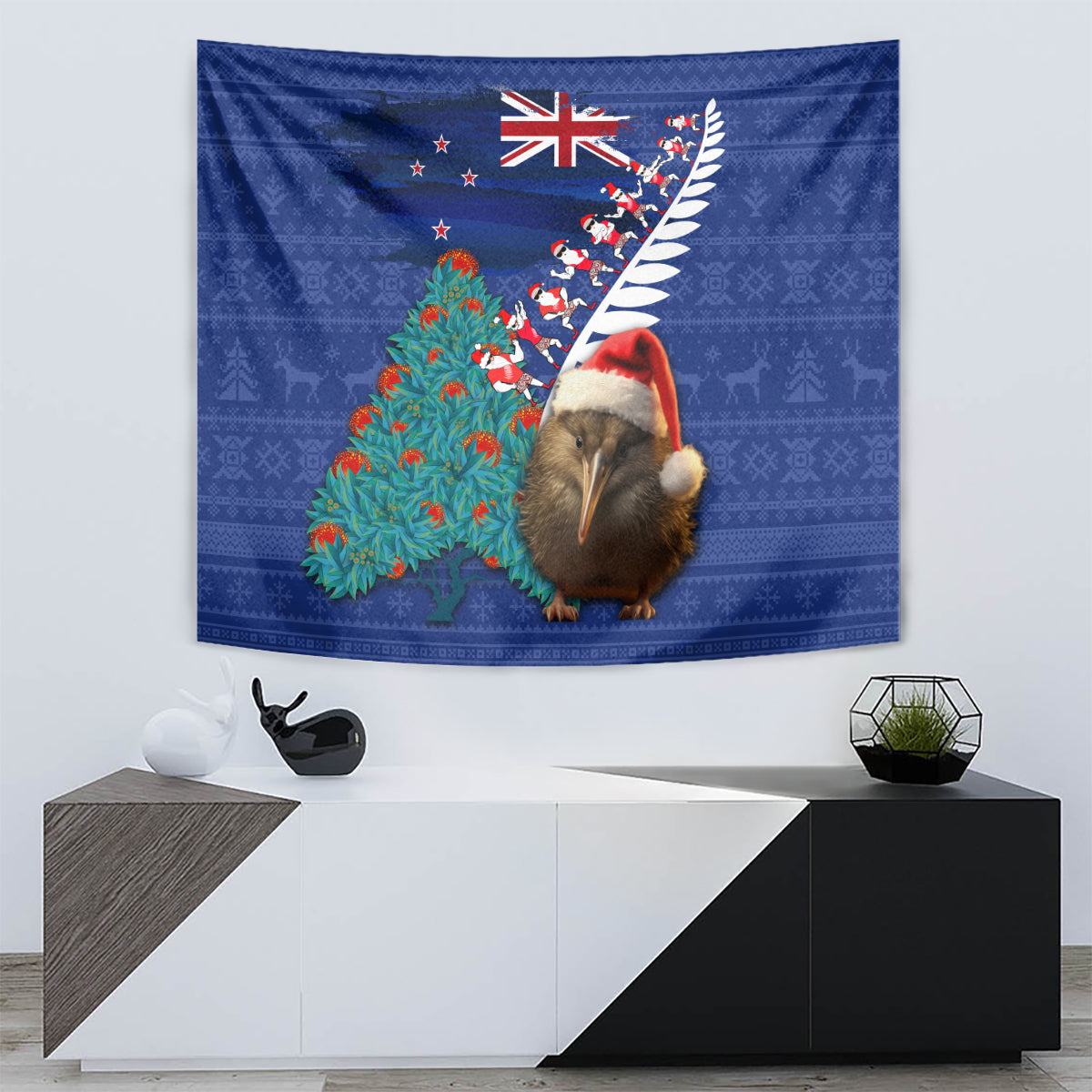 New Zealand Christmas Tapestry Kiwi Bird Santa and Silver Fern Funny Haka Dance LT03 - Polynesian Pride