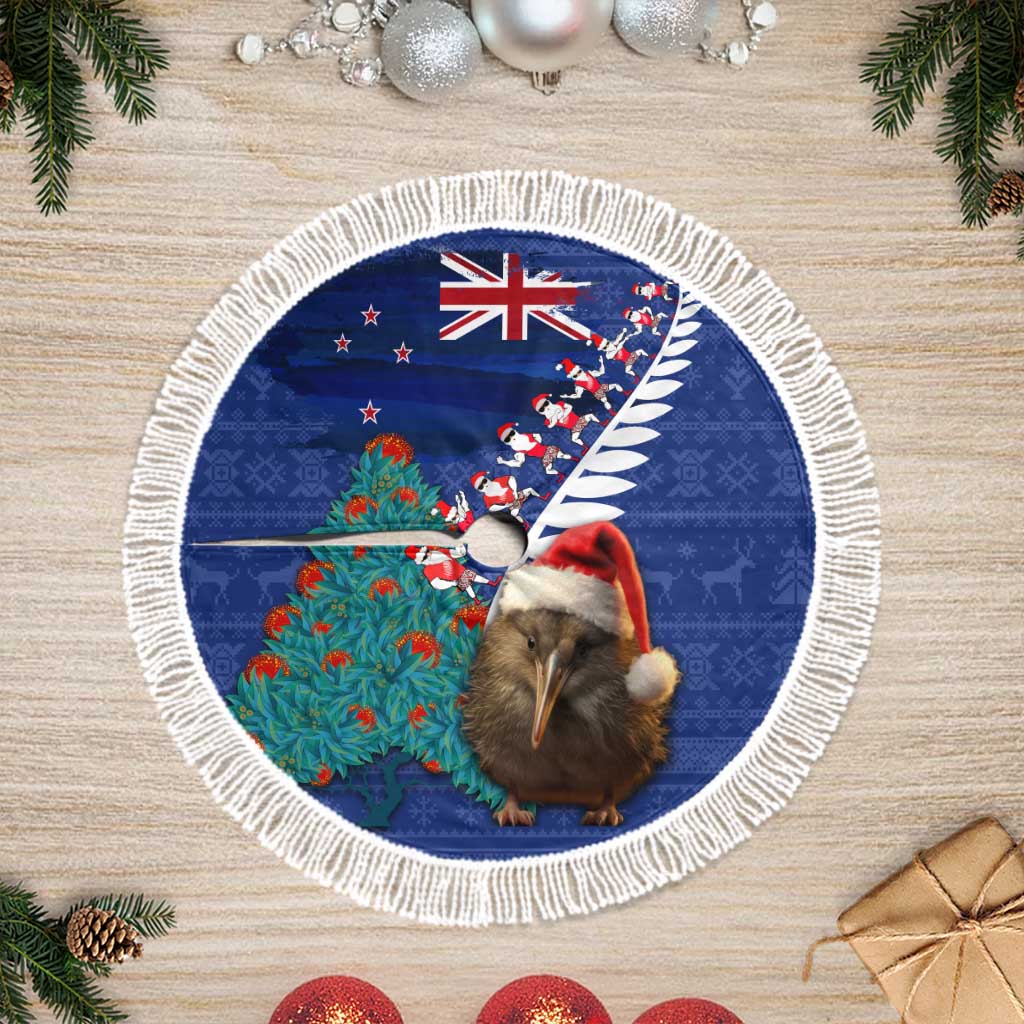 New Zealand Christmas Tree Skirt Kiwi Bird Santa and Silver Fern Funny Haka Dance LT03 Fringed Blue - Polynesian Pride