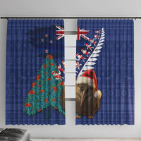 New Zealand Christmas Window Curtain Kiwi Bird Santa and Silver Fern Funny Haka Dance LT03 With Hooks Blue - Polynesian Pride