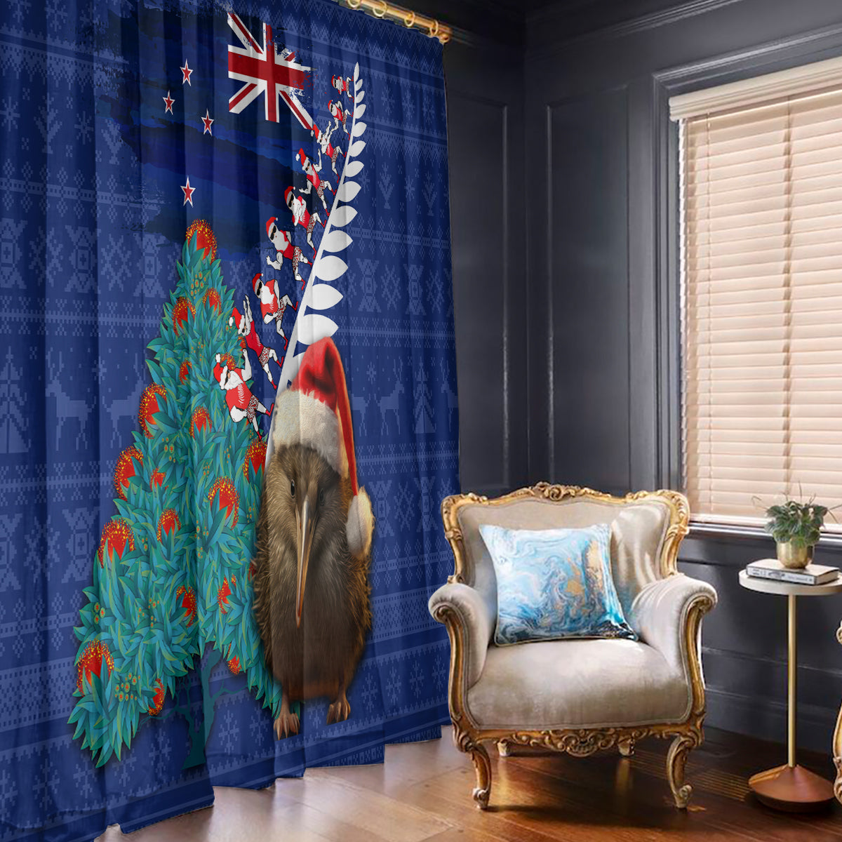 New Zealand Christmas Window Curtain Kiwi Bird Santa and Silver Fern Funny Haka Dance LT03 - Polynesian Pride