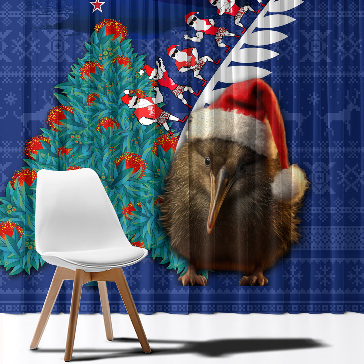 New Zealand Christmas Window Curtain Kiwi Bird Santa and Silver Fern Funny Haka Dance LT03 - Polynesian Pride