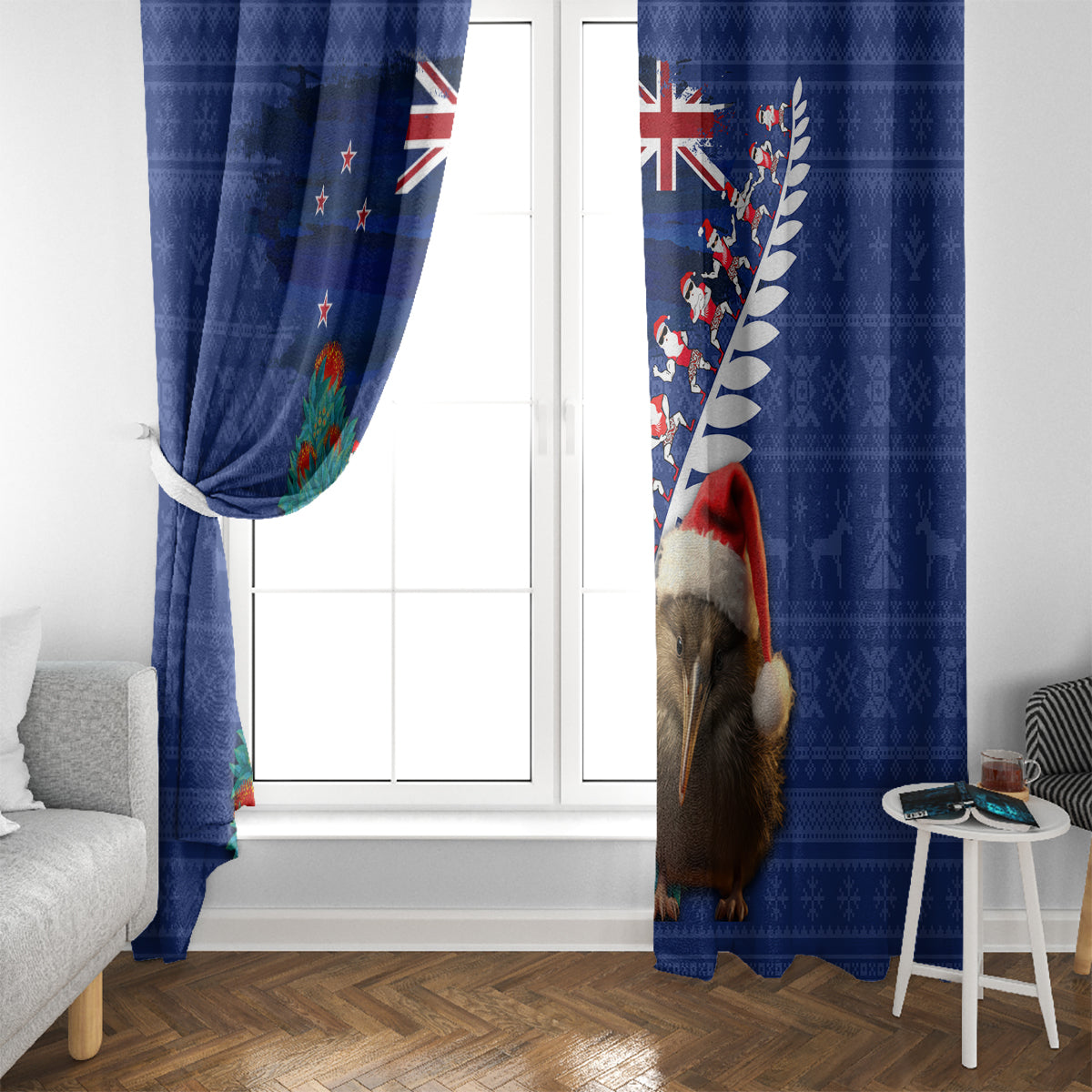 New Zealand Christmas Window Curtain Kiwi Bird Santa and Silver Fern Funny Haka Dance LT03 - Polynesian Pride
