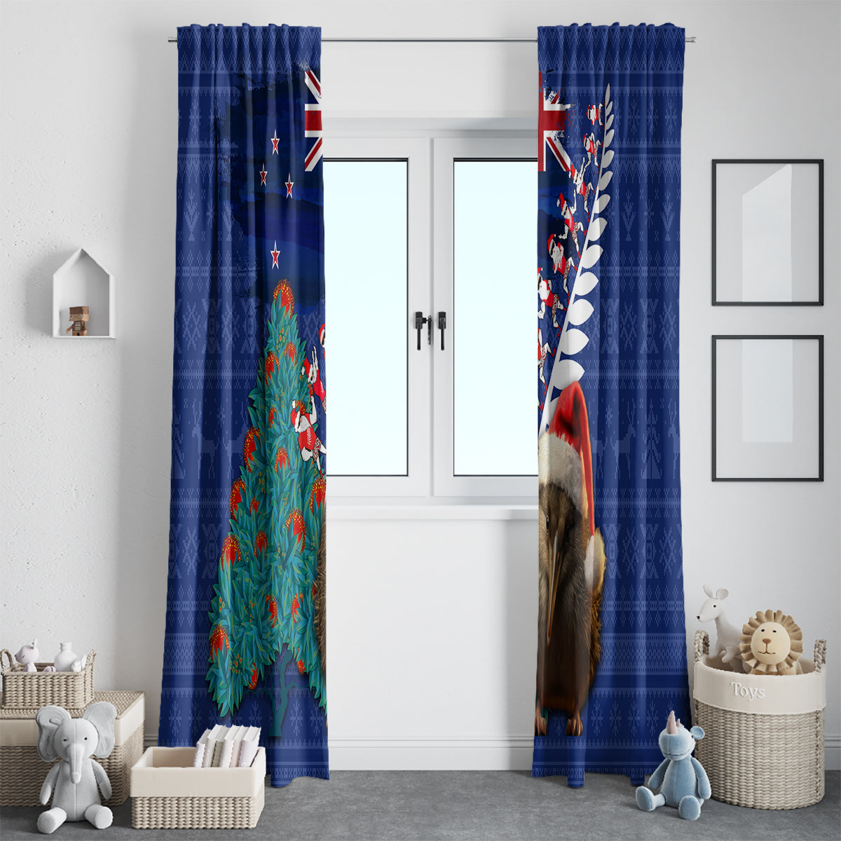New Zealand Christmas Window Curtain Kiwi Bird Santa and Silver Fern Funny Haka Dance LT03 - Polynesian Pride