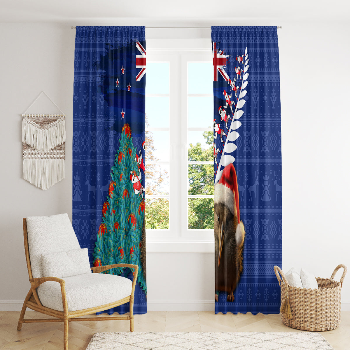 New Zealand Christmas Window Curtain Kiwi Bird Santa and Silver Fern Funny Haka Dance LT03 - Polynesian Pride