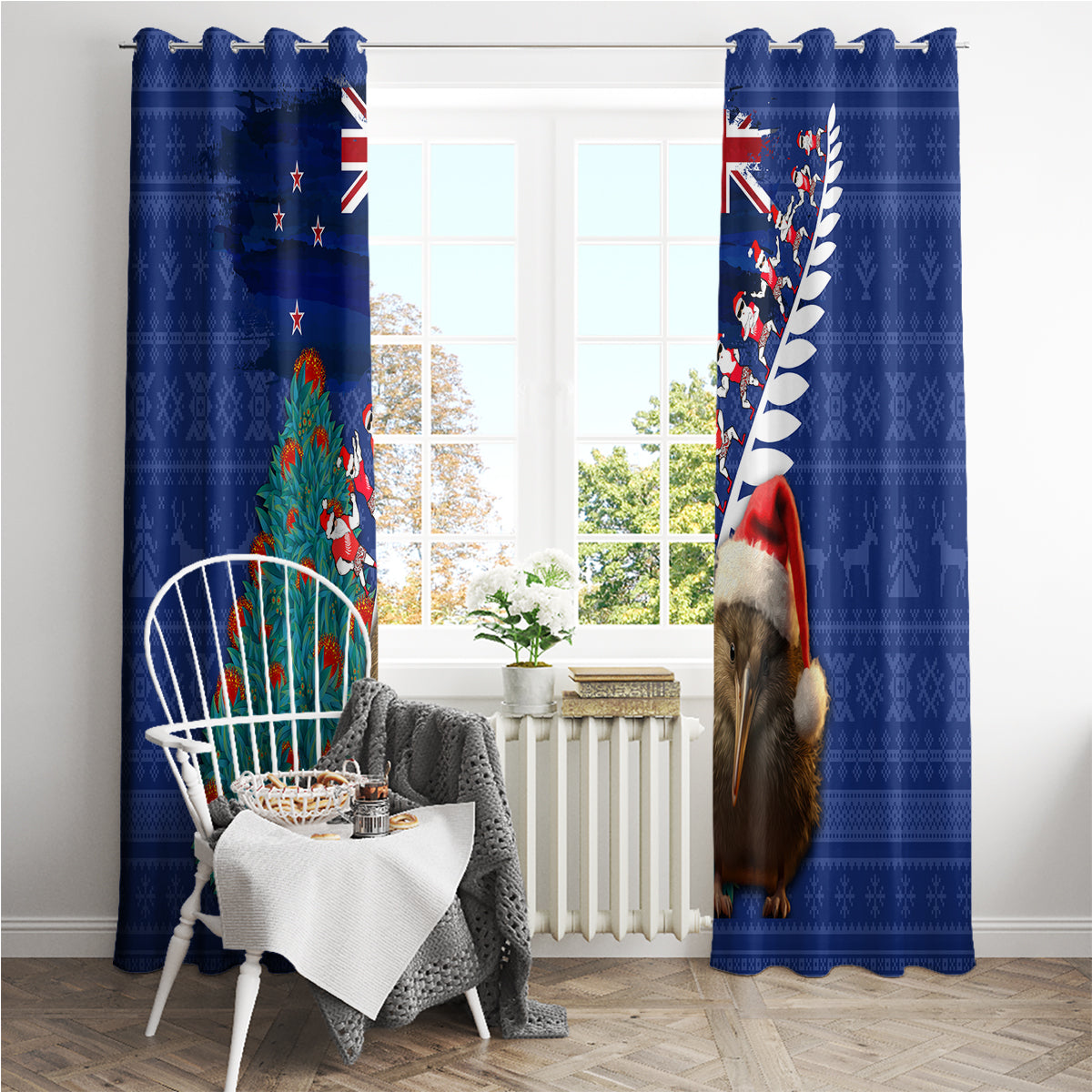 New Zealand Christmas Window Curtain Kiwi Bird Santa and Silver Fern Funny Haka Dance LT03 - Polynesian Pride