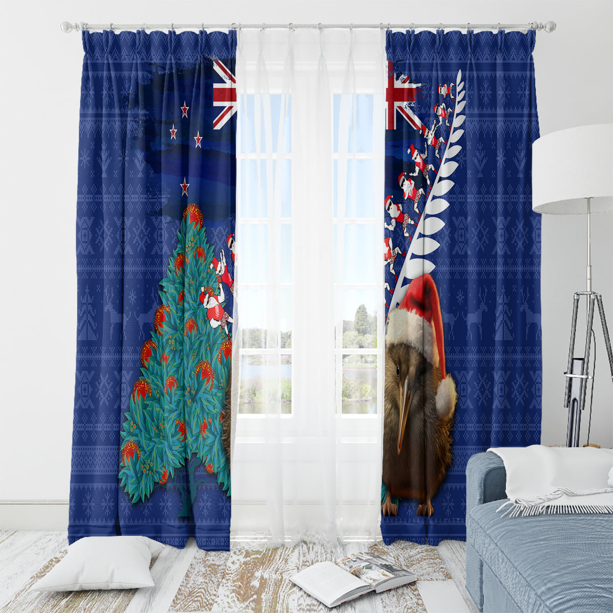 New Zealand Christmas Window Curtain Kiwi Bird Santa and Silver Fern Funny Haka Dance LT03 - Polynesian Pride