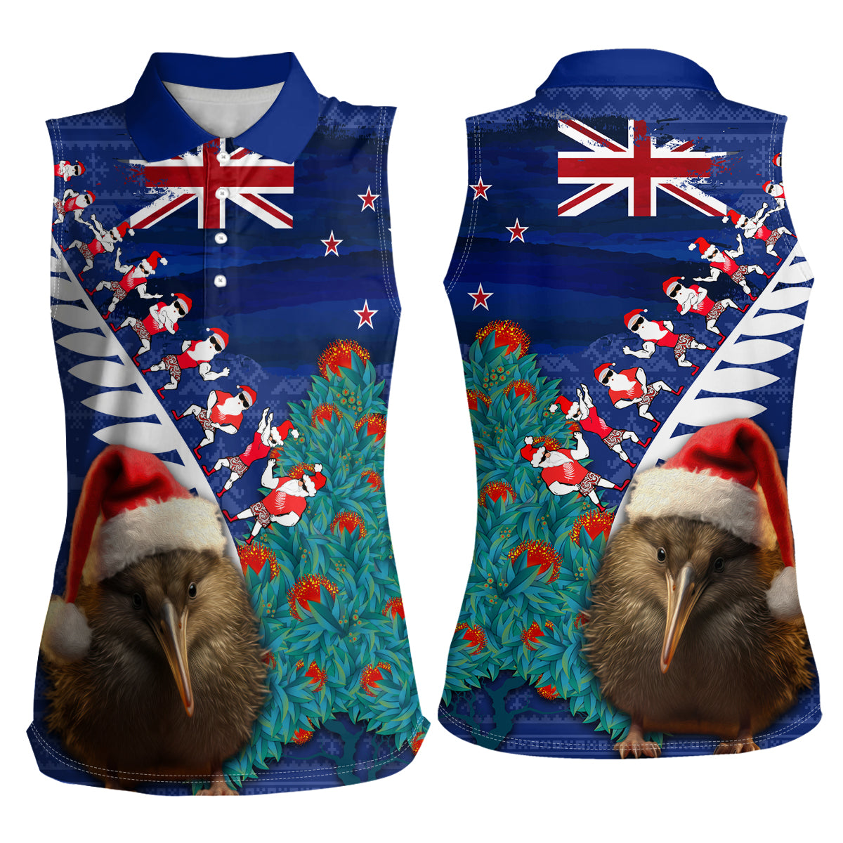 New Zealand Christmas Women Sleeveless Polo Shirt Kiwi Bird Santa and Silver Fern Funny Haka Dance LT03 - Polynesian Pride