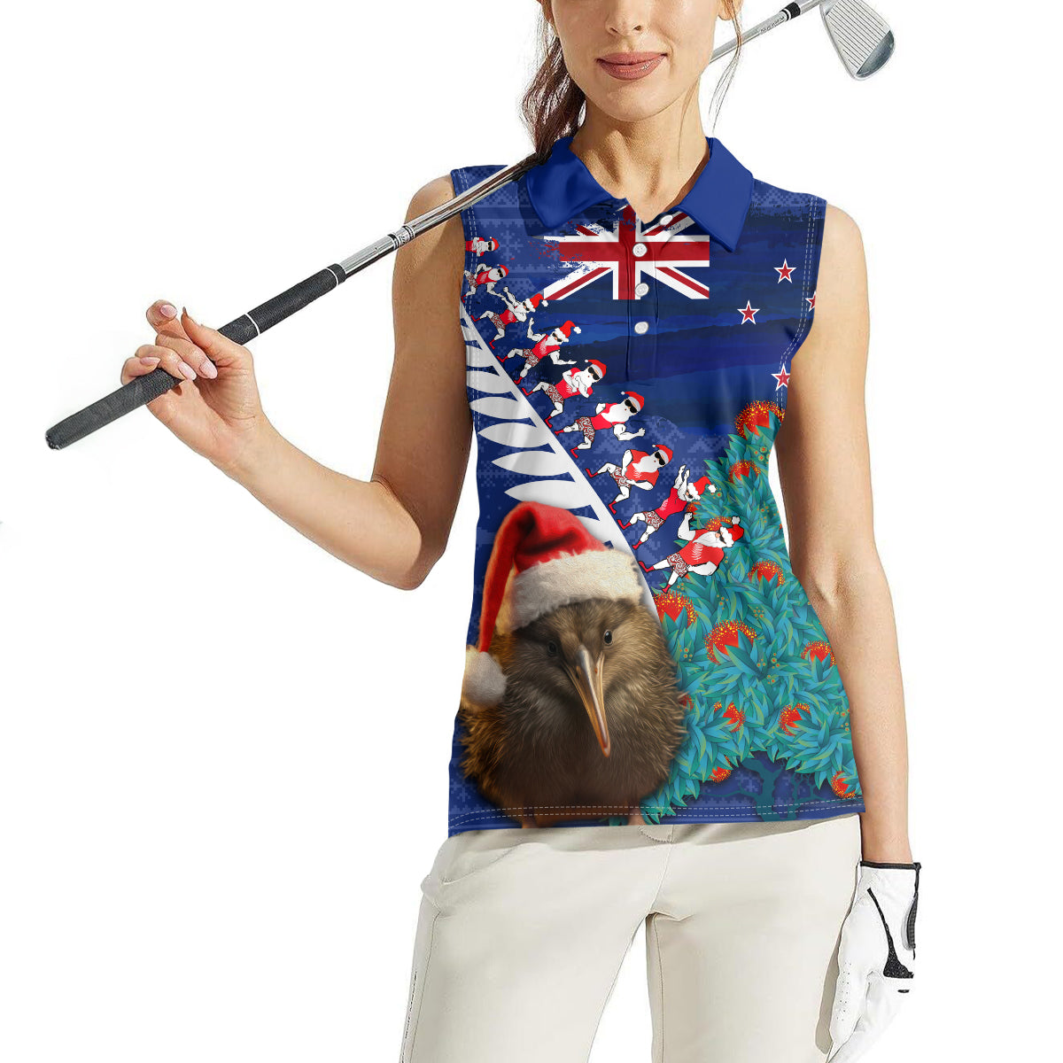 New Zealand Christmas Women Sleeveless Polo Shirt Kiwi Bird Santa and Silver Fern Funny Haka Dance LT03 - Polynesian Pride