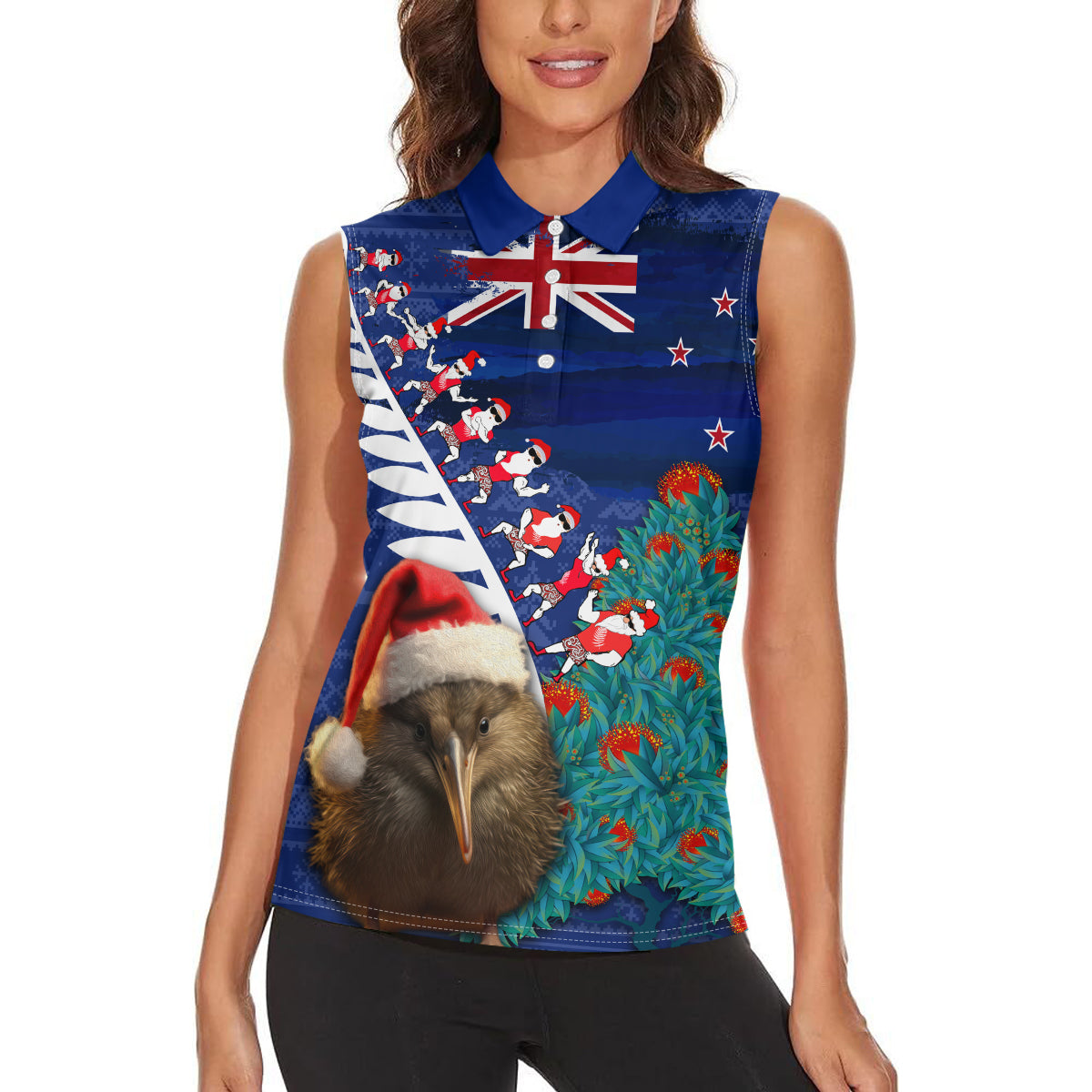 New Zealand Christmas Women Sleeveless Polo Shirt Kiwi Bird Santa and Silver Fern Funny Haka Dance LT03 - Polynesian Pride