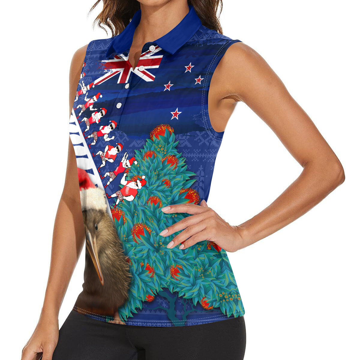 New Zealand Christmas Women Sleeveless Polo Shirt Kiwi Bird Santa and Silver Fern Funny Haka Dance LT03 - Polynesian Pride