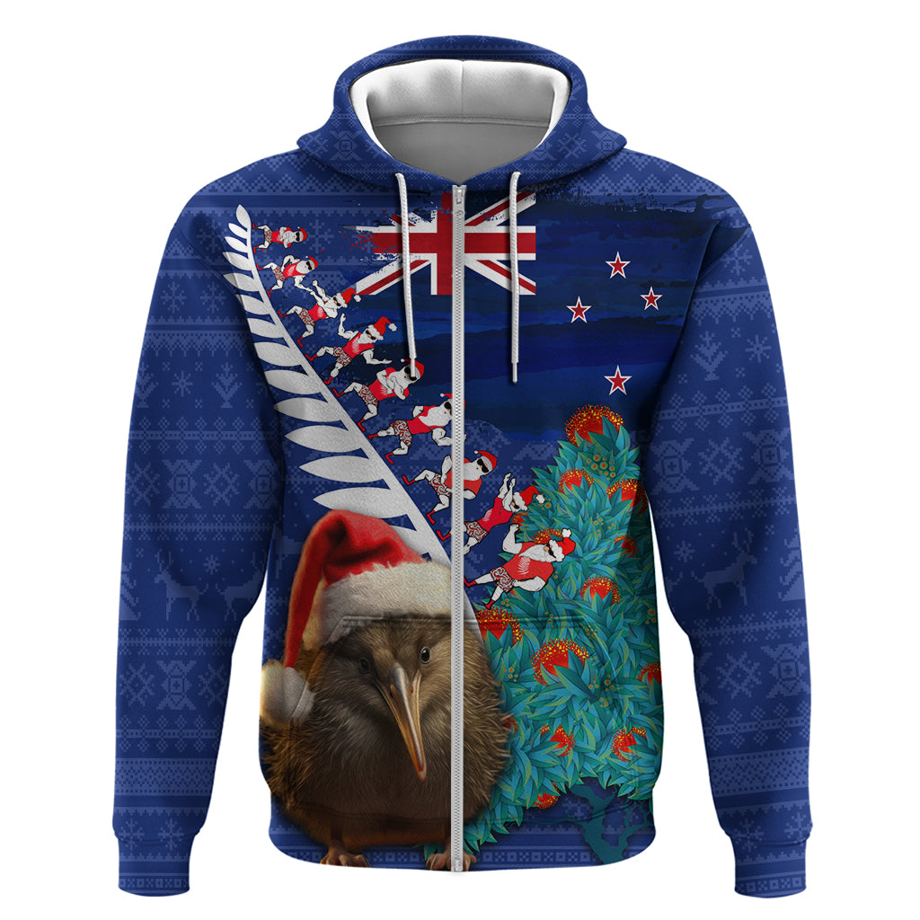New Zealand Christmas Zip Hoodie Kiwi Bird Santa and Silver Fern Funny Haka Dance LT03 Zip Hoodie Blue - Polynesian Pride