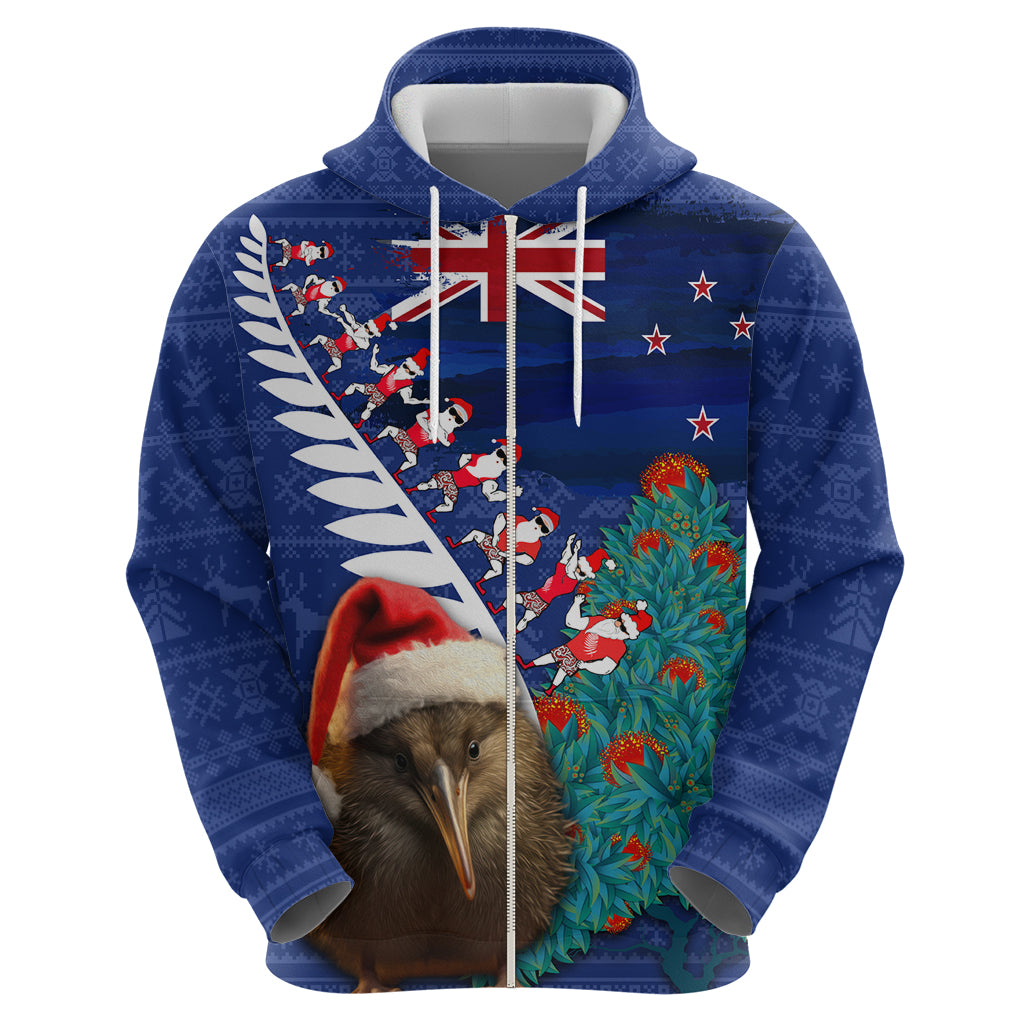 New Zealand Christmas Zip Hoodie Kiwi Bird Santa and Silver Fern Funny Haka Dance LT03 - Polynesian Pride