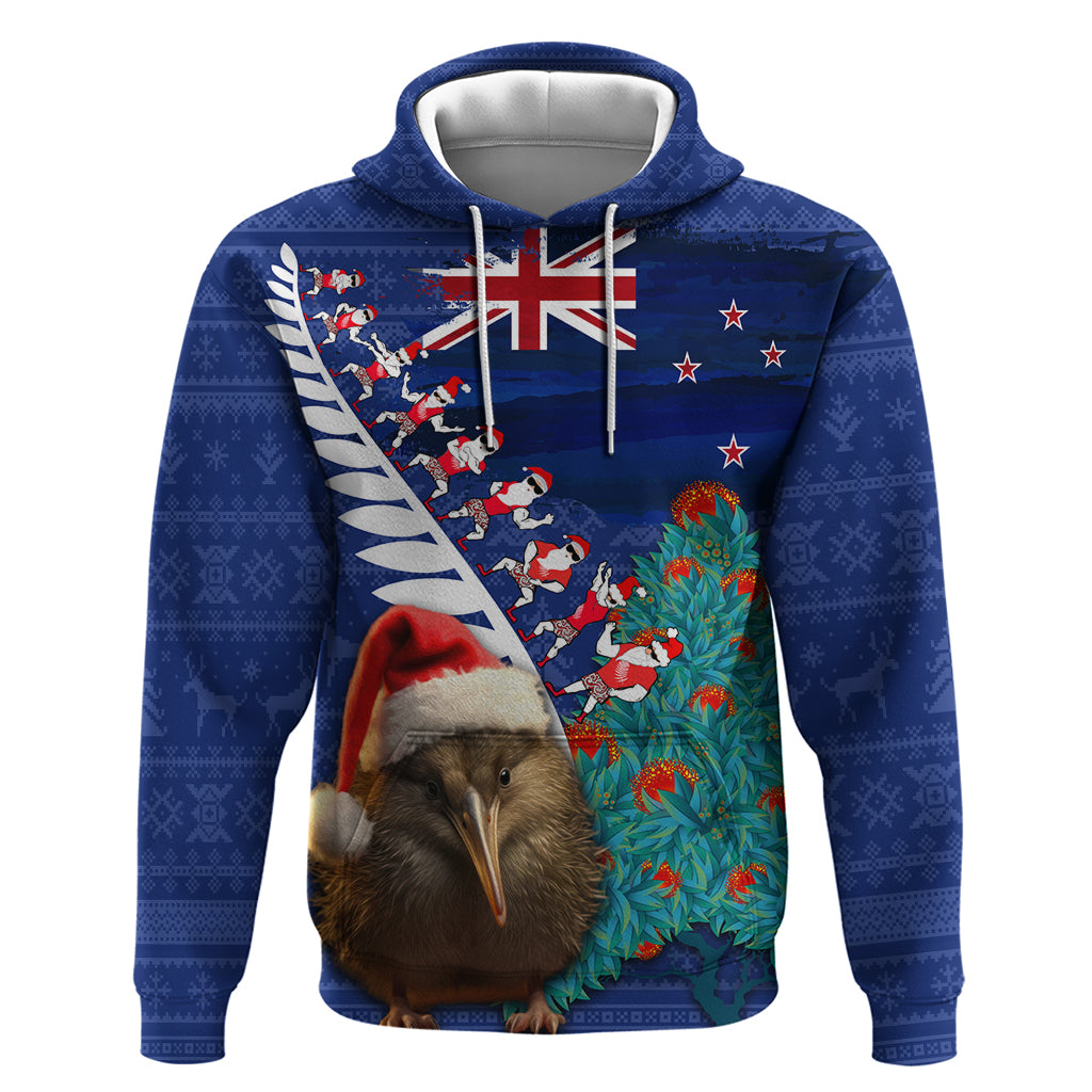 New Zealand Christmas Zip Hoodie Kiwi Bird Santa and Silver Fern Funny Haka Dance LT03 Pullover Hoodie Blue - Polynesian Pride