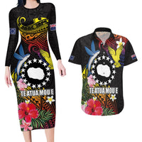 Cook Islands Independence Day Couples Matching Long Sleeve Bodycon Dress and Hawaiian Shirt Maroro and Kakaia with Hibiscus Flower Polynesian Pattern LT03 Black - Polynesian Pride