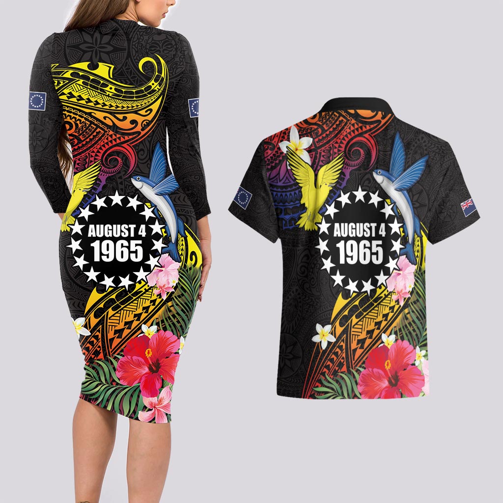 Cook Islands Independence Day Couples Matching Long Sleeve Bodycon Dress and Hawaiian Shirt Maroro and Kakaia with Hibiscus Flower Polynesian Pattern LT03 - Polynesian Pride