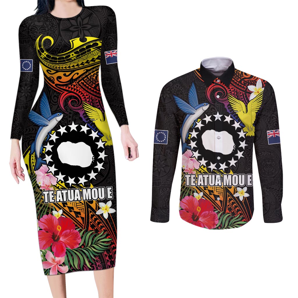 Cook Islands Independence Day Couples Matching Long Sleeve Bodycon Dress and Long Sleeve Button Shirt Maroro and Kakaia with Hibiscus Flower Polynesian Pattern LT03 Black - Polynesian Pride