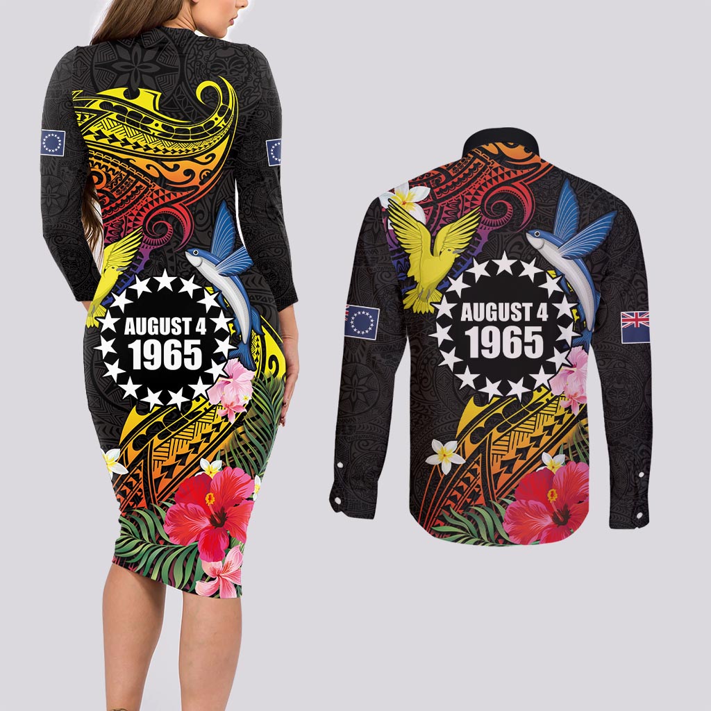 Cook Islands Independence Day Couples Matching Long Sleeve Bodycon Dress and Long Sleeve Button Shirt Maroro and Kakaia with Hibiscus Flower Polynesian Pattern LT03 - Polynesian Pride