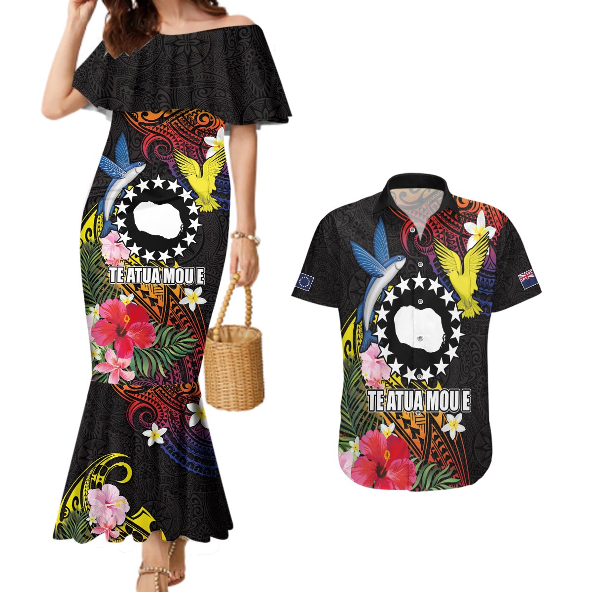 Cook Islands Independence Day Couples Matching Mermaid Dress and Hawaiian Shirt Maroro and Kakaia with Hibiscus Flower Polynesian Pattern LT03 Black - Polynesian Pride