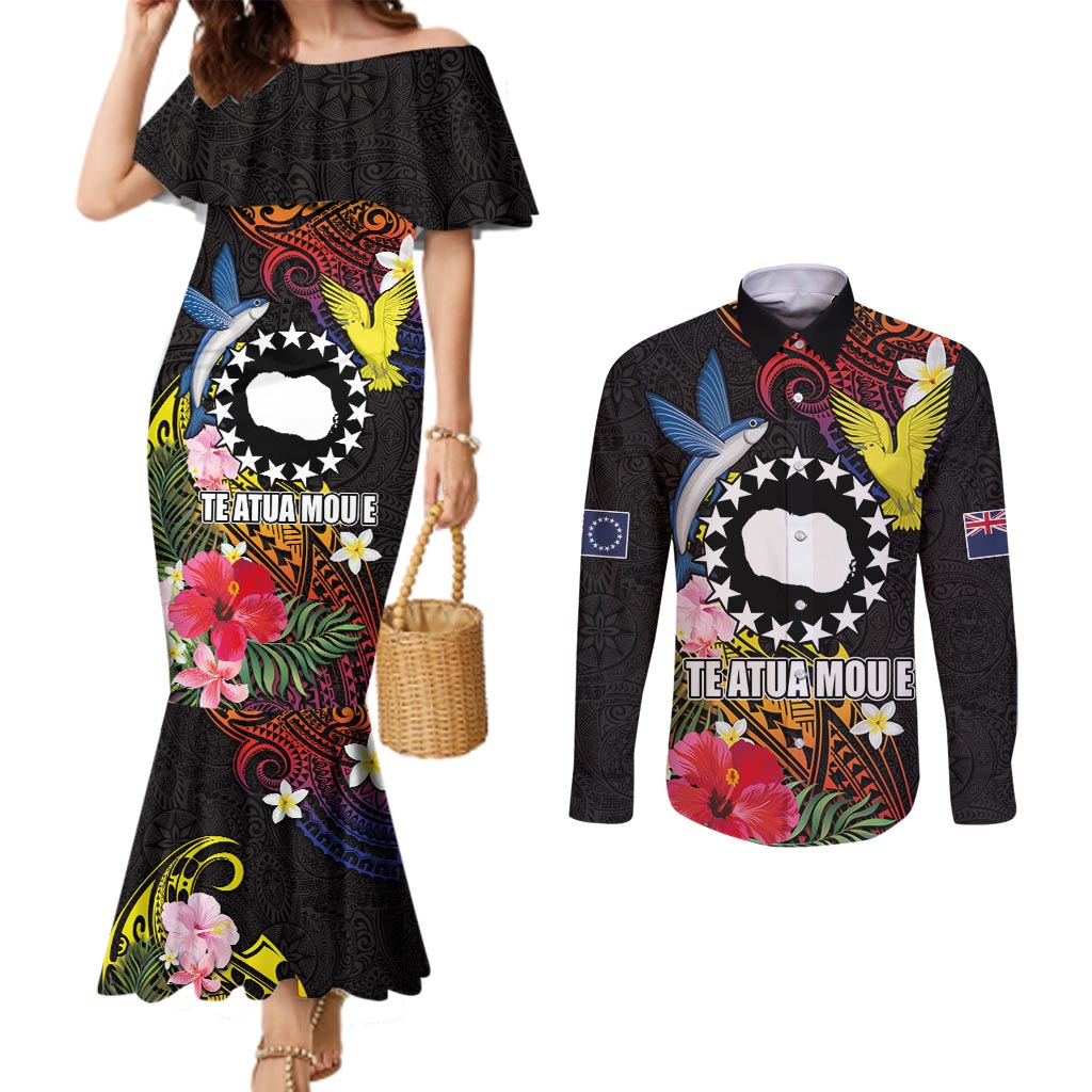 Cook Islands Independence Day Couples Matching Mermaid Dress and Long Sleeve Button Shirt Maroro and Kakaia with Hibiscus Flower Polynesian Pattern LT03 Black - Polynesian Pride
