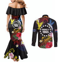 Cook Islands Independence Day Couples Matching Mermaid Dress and Long Sleeve Button Shirt Maroro and Kakaia with Hibiscus Flower Polynesian Pattern LT03 - Polynesian Pride