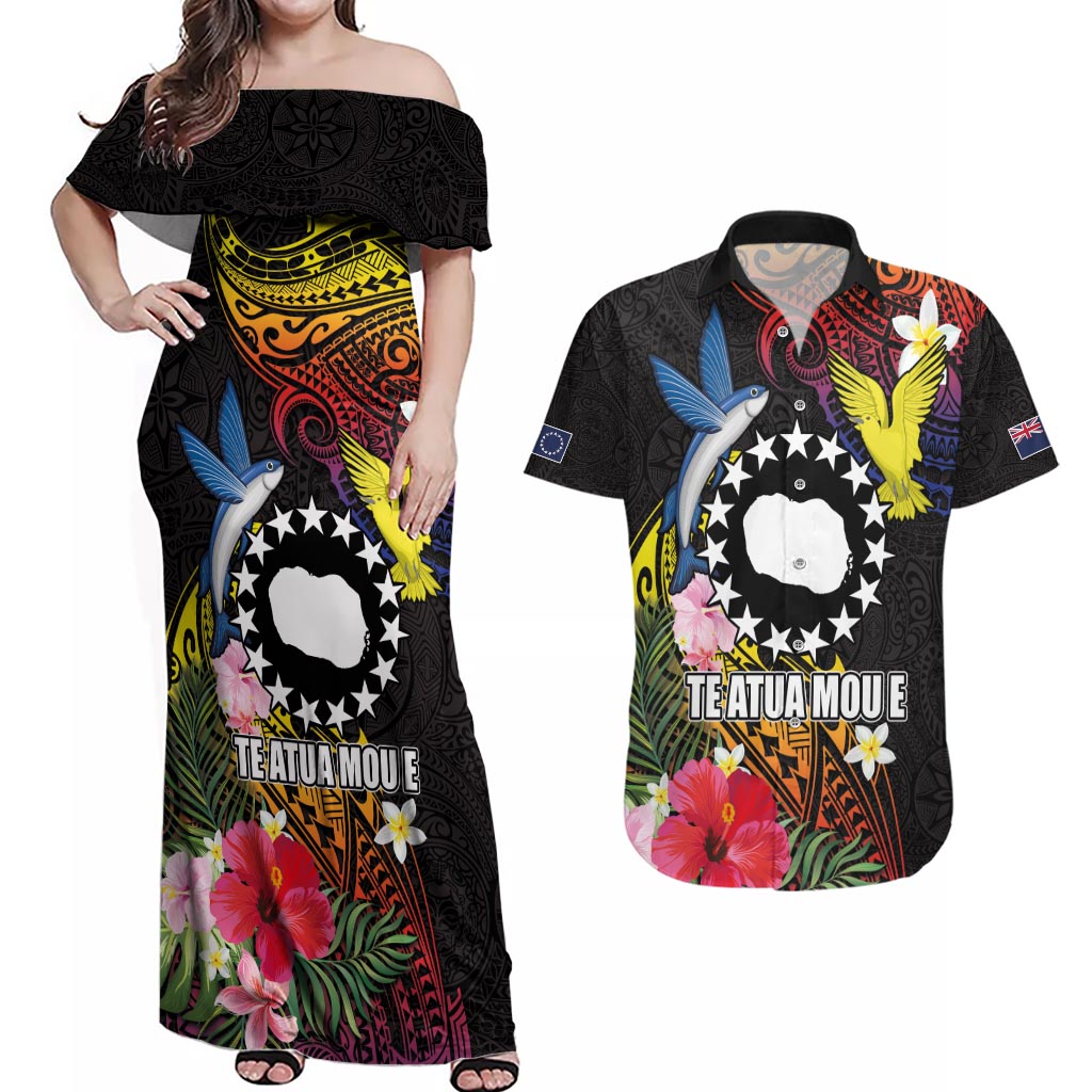 Cook Islands Independence Day Couples Matching Off Shoulder Maxi Dress and Hawaiian Shirt Maroro and Kakaia with Hibiscus Flower Polynesian Pattern LT03 Black - Polynesian Pride