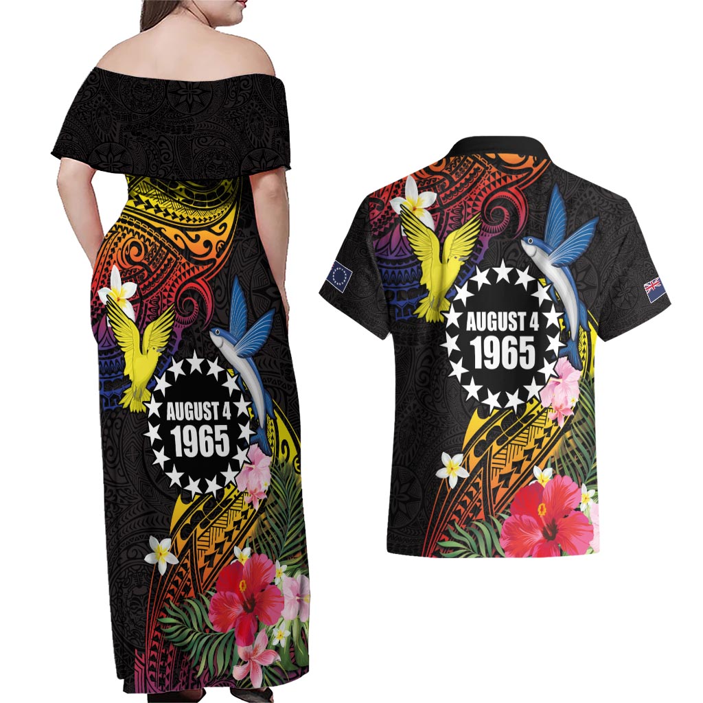 Cook Islands Independence Day Couples Matching Off Shoulder Maxi Dress and Hawaiian Shirt Maroro and Kakaia with Hibiscus Flower Polynesian Pattern LT03 - Polynesian Pride