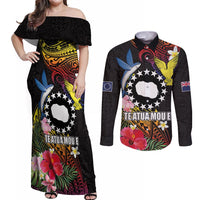 Cook Islands Independence Day Couples Matching Off Shoulder Maxi Dress and Long Sleeve Button Shirt Maroro and Kakaia with Hibiscus Flower Polynesian Pattern LT03 Black - Polynesian Pride