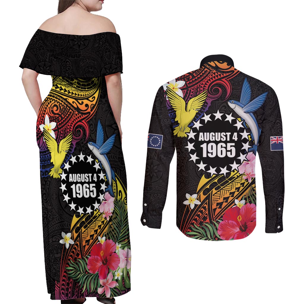 Cook Islands Independence Day Couples Matching Off Shoulder Maxi Dress and Long Sleeve Button Shirt Maroro and Kakaia with Hibiscus Flower Polynesian Pattern LT03 - Polynesian Pride