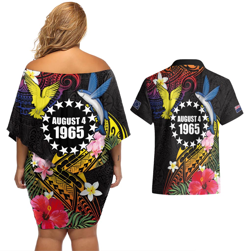 Cook Islands Independence Day Couples Matching Off Shoulder Short Dress and Hawaiian Shirt Maroro and Kakaia with Hibiscus Flower Polynesian Pattern LT03 - Polynesian Pride