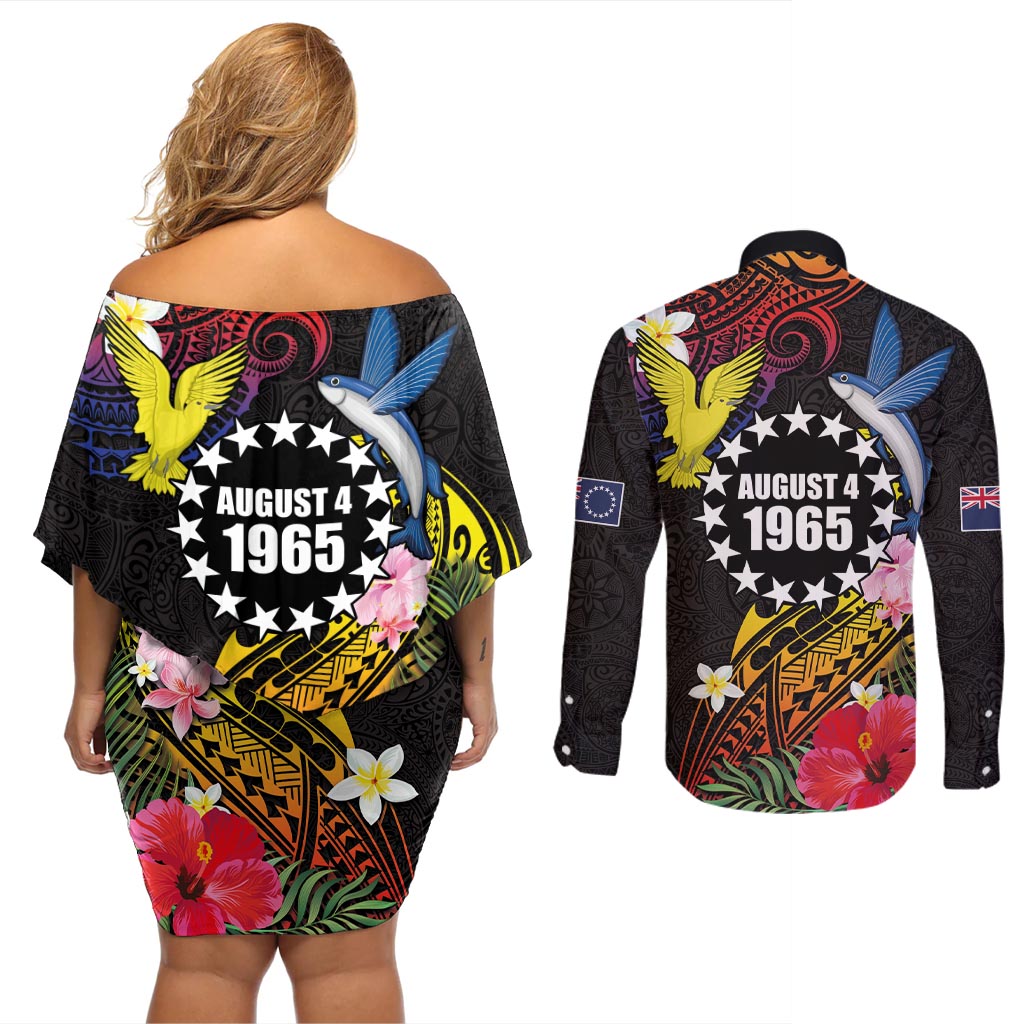 Cook Islands Independence Day Couples Matching Off Shoulder Short Dress and Long Sleeve Button Shirt Maroro and Kakaia with Hibiscus Flower Polynesian Pattern LT03 - Polynesian Pride